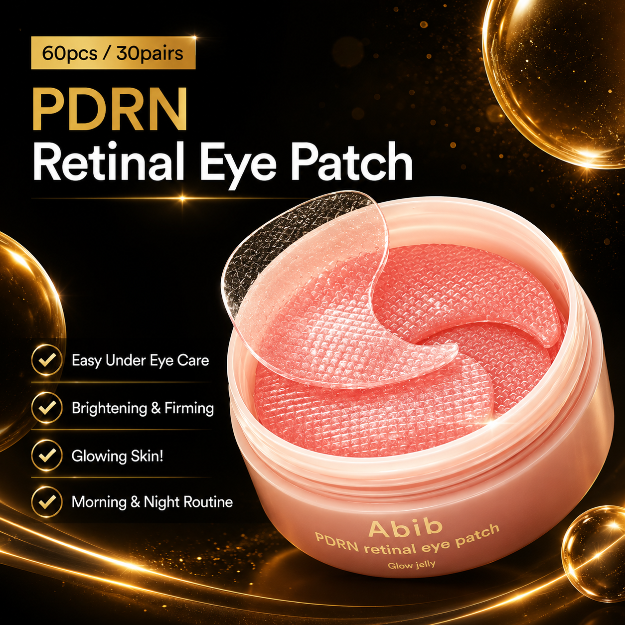 Abib PDRN Retinal Eye Patches – Brightening & Depuffing Under Eye Treatment (60 Count)