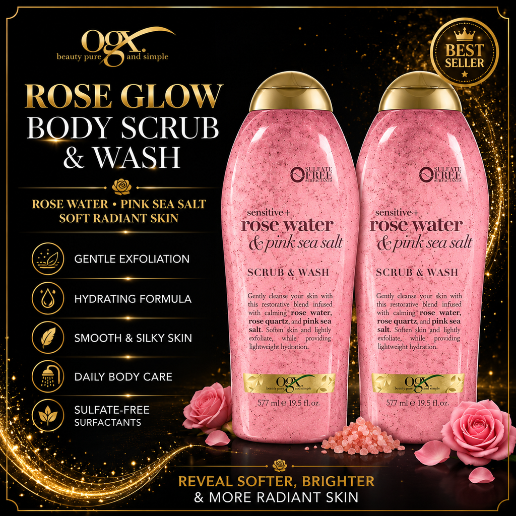 Rose Water & Pink Sea Salt Exfoliating Body Scrub – Gentle Skin Smoothing & Hydrating Body Polish for Soft, Glowing Skin | 19.5 oz