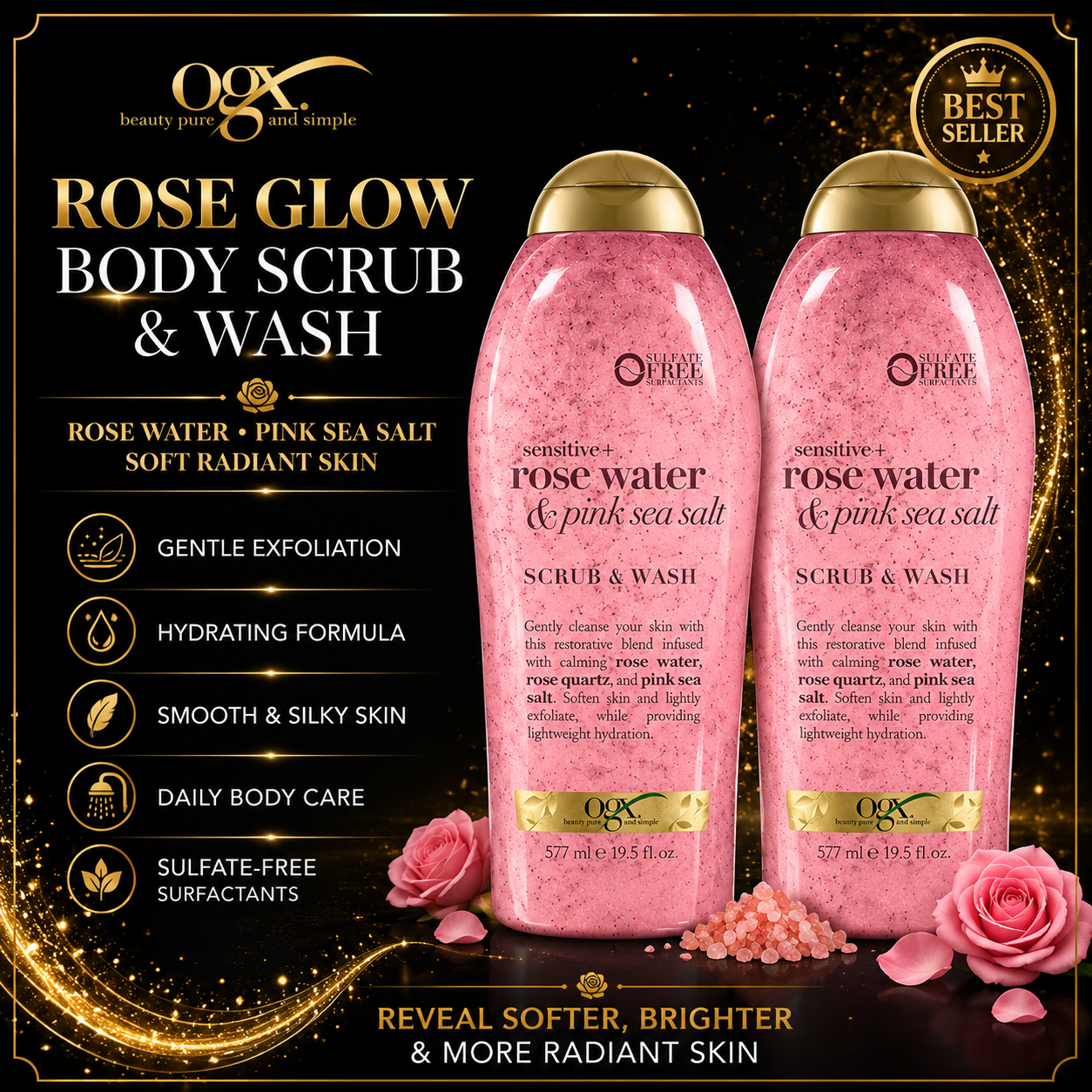 Rose Water & Pink Sea Salt Exfoliating Body Scrub – Gentle Skin Smoothing & Hydrating Body Polish for Soft, Glowing Skin | 19.5 oz