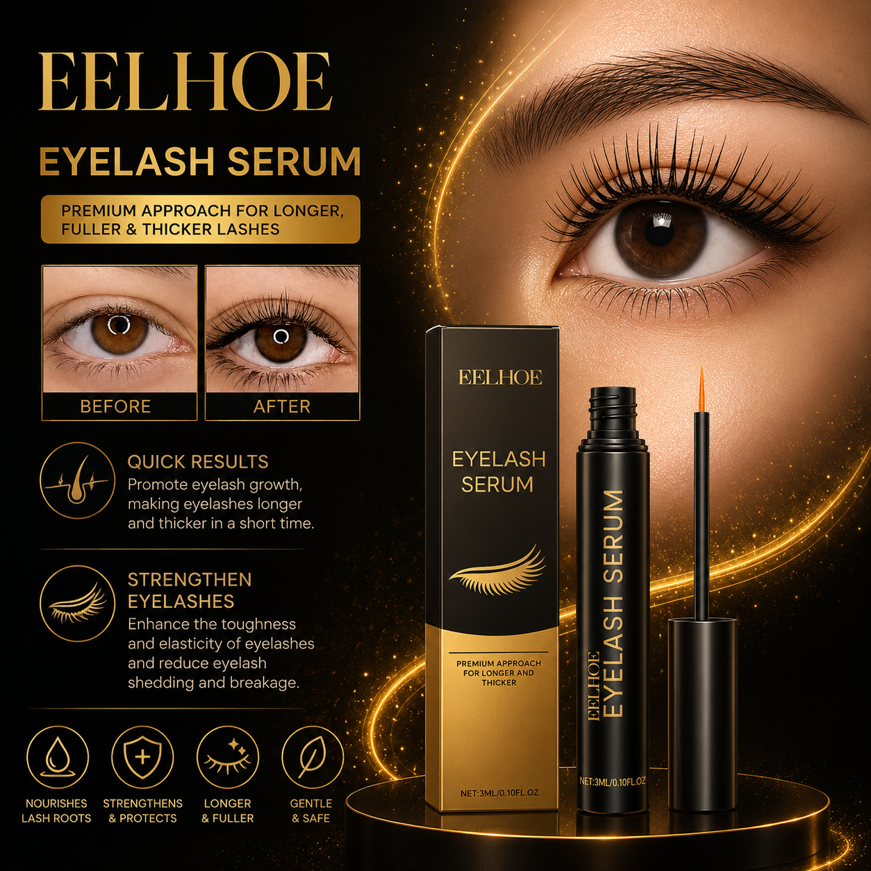 Premium Eyelash Growth Serum 3ml – Lash Enhancer for Longer, Fuller & Thicker Eyelashes