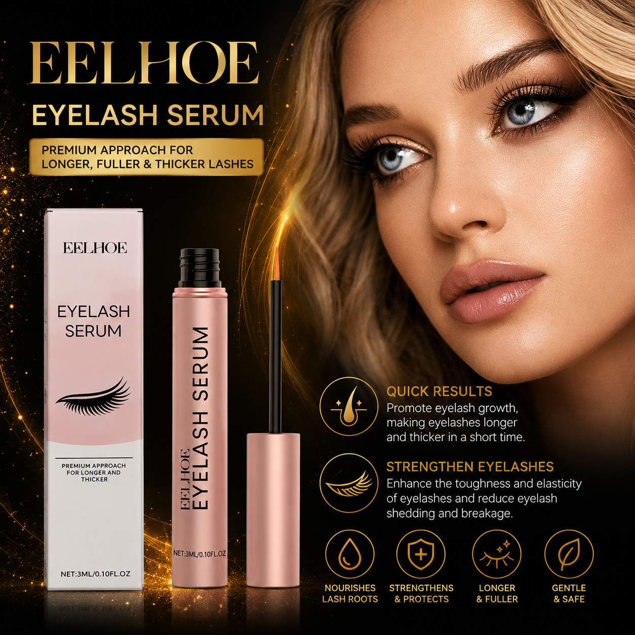 Premium Eyelash Growth Serum 3ml – Lash Enhancer for Longer, Fuller & Thicker Eyelashes