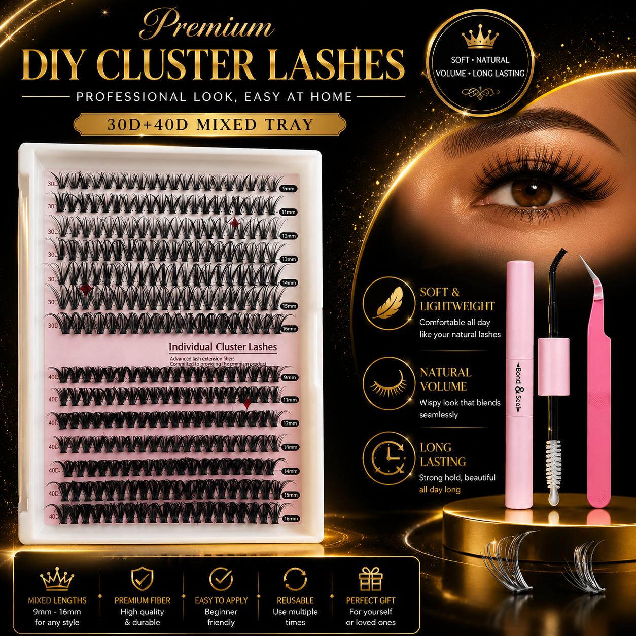 Premium DIY Cluster Lashes Kit – Wispy Individual Lash Extensions Mixed Lengths, Reusable False Eyelashes