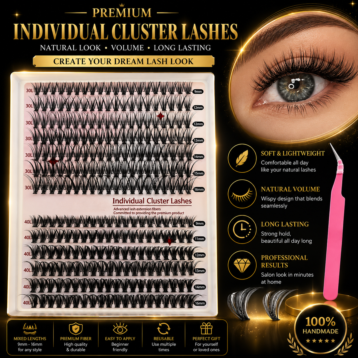 Premium DIY Cluster Lashes Kit – Wispy Individual Lash Extensions Mixed Lengths, Reusable False Eyelashes
