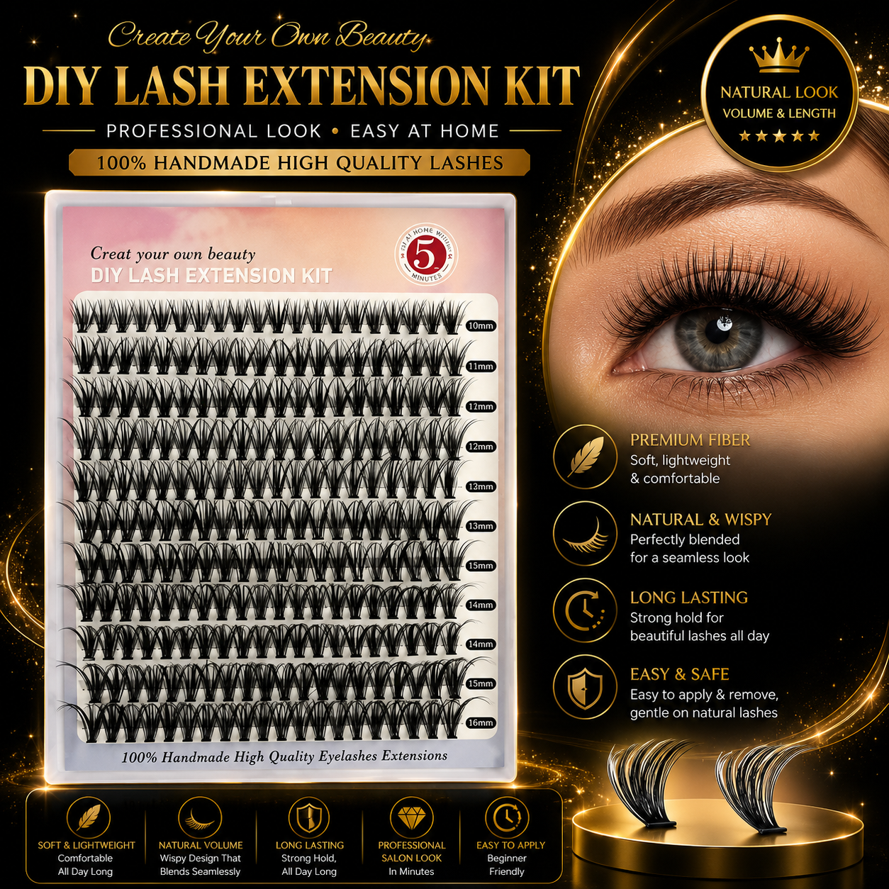 Premium DIY Cluster Lashes Kit – Wispy Individual Lash Extensions Mixed Lengths, Reusable False Eyelashes