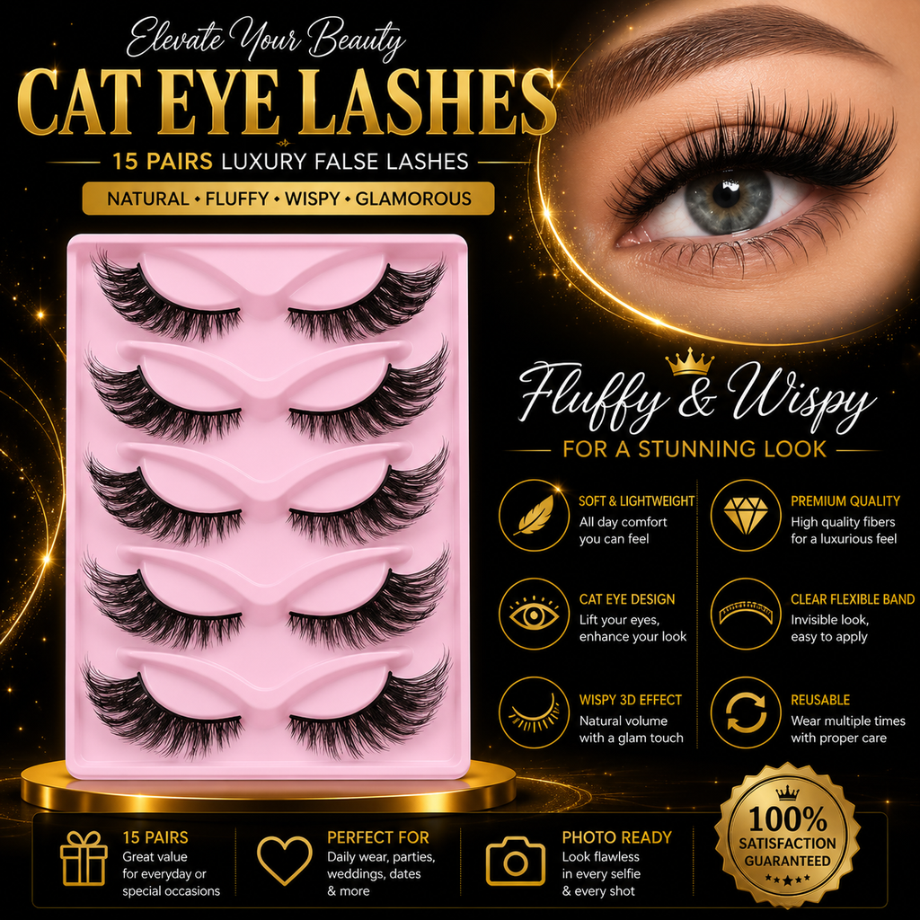 Luxury Cat Eye Wispy False Eyelashes – 15 Pairs Fluffy 3D Faux Mink Lashes