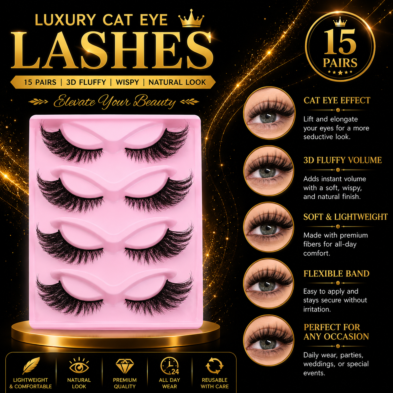 Luxury Cat Eye Wispy False Eyelashes – 15 Pairs Fluffy 3D Faux Mink Lashes