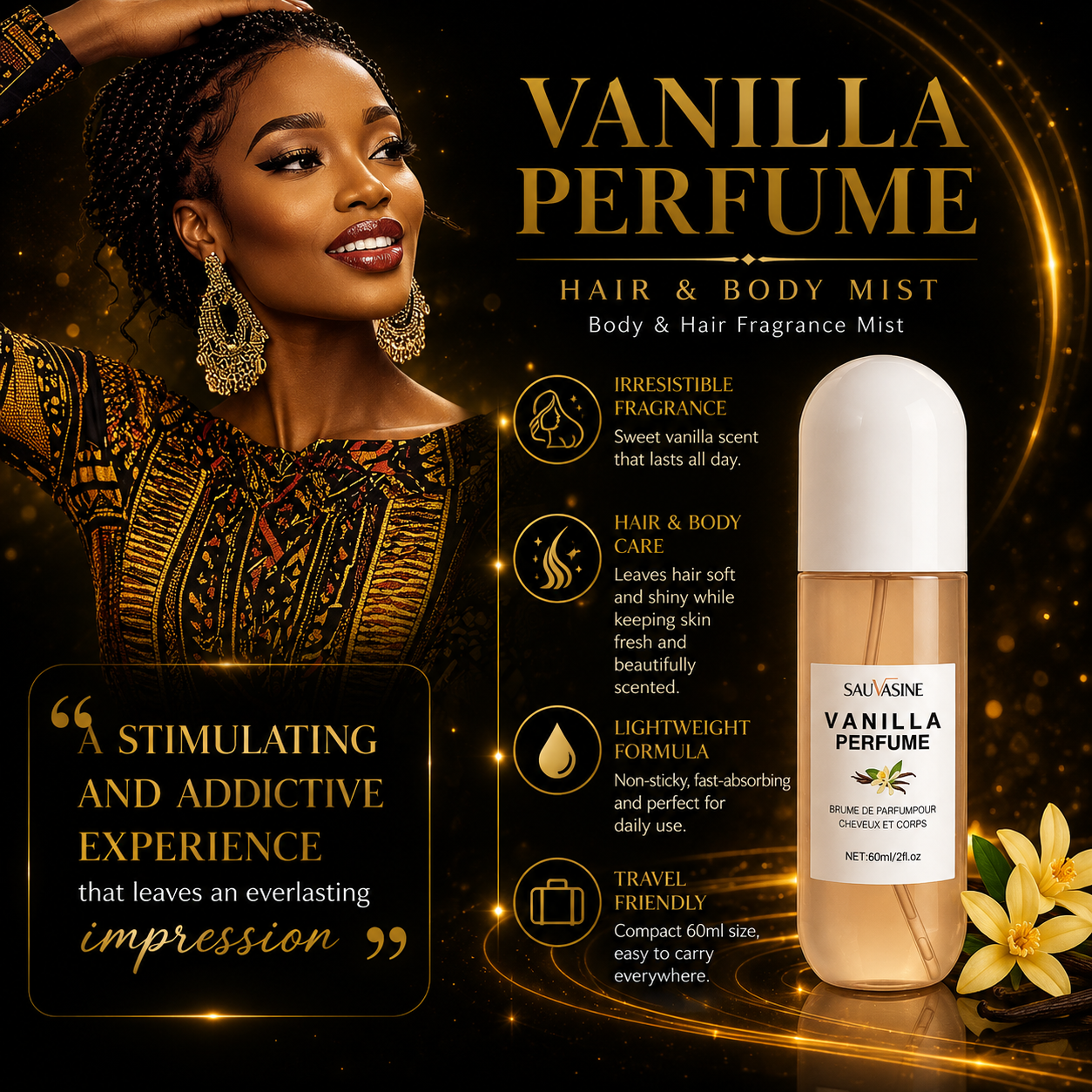 Vanilla Bliss Hair & Body Mist Spray – Long Lasting Fragrance 60ml