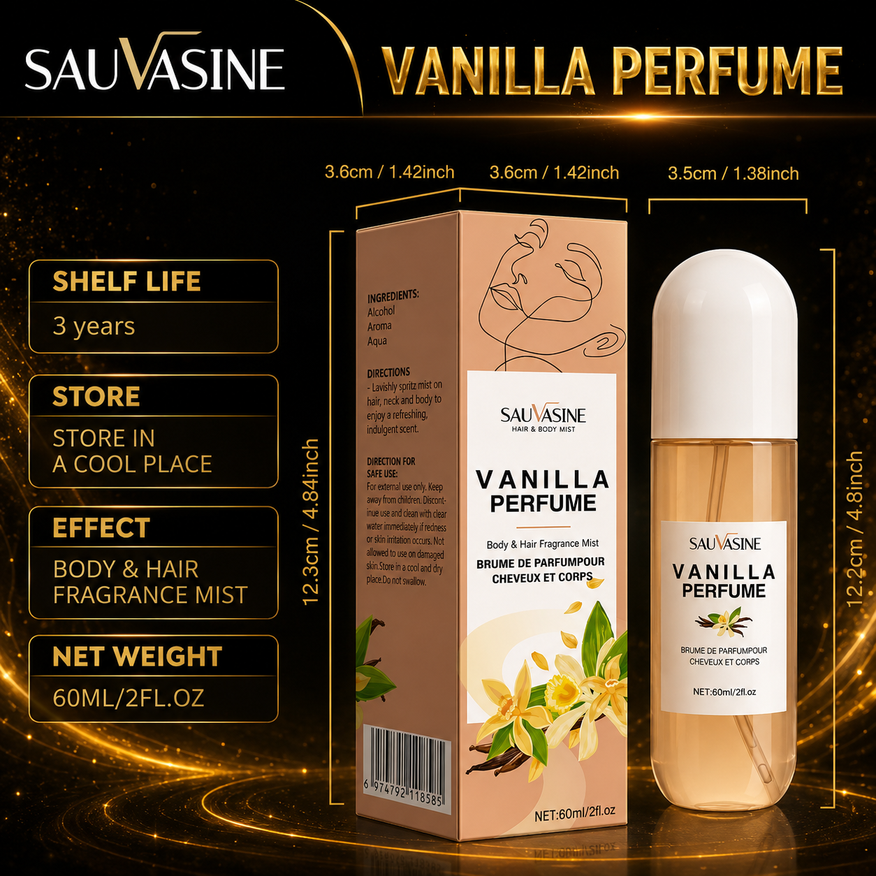 Vanilla Bliss Hair & Body Mist Spray – Long Lasting Fragrance 60ml