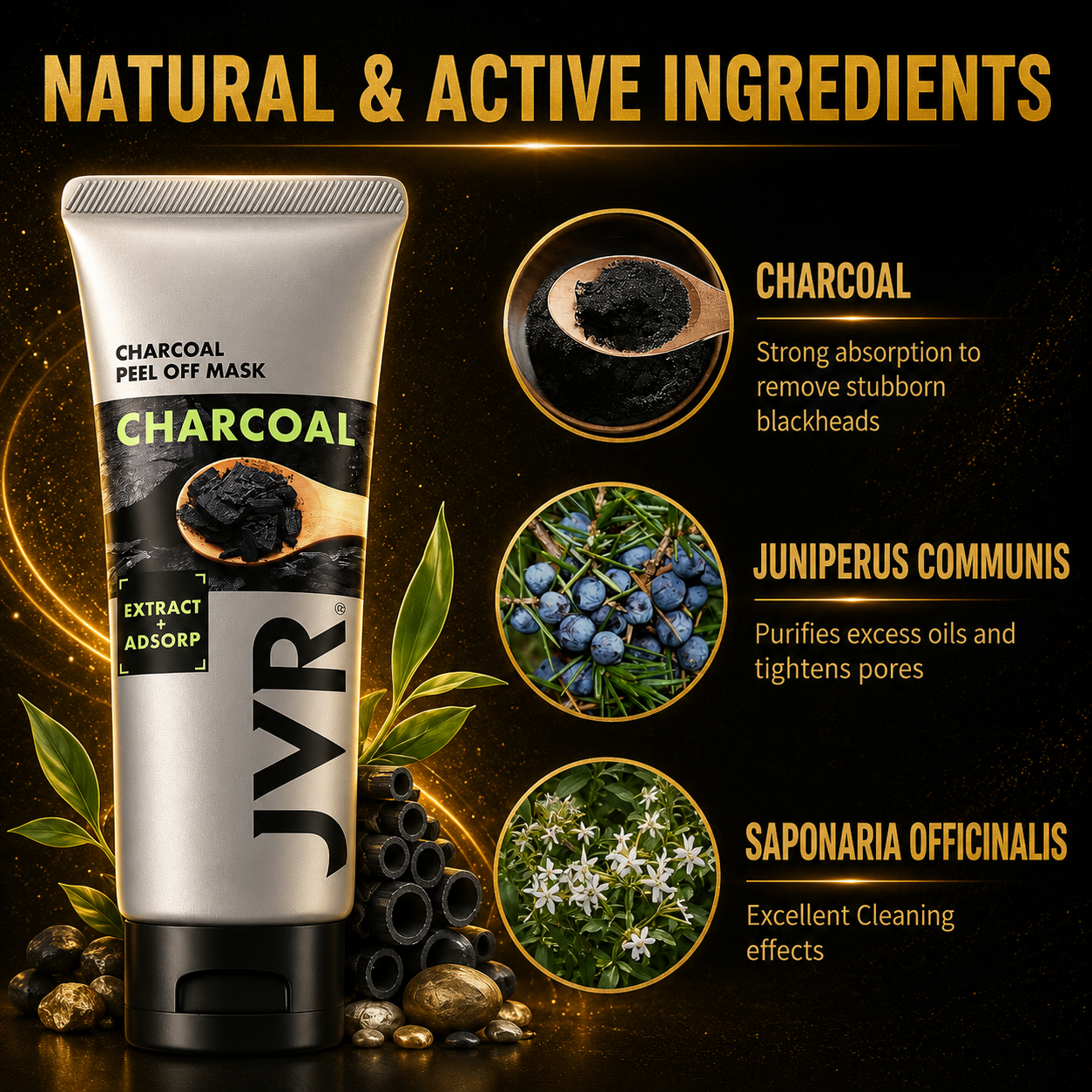 JVR Charcoal Face Mask – Powerful Blackhead Remover & Deep Pore Cleansing Peel-Off Treatment, 4.23 OZ