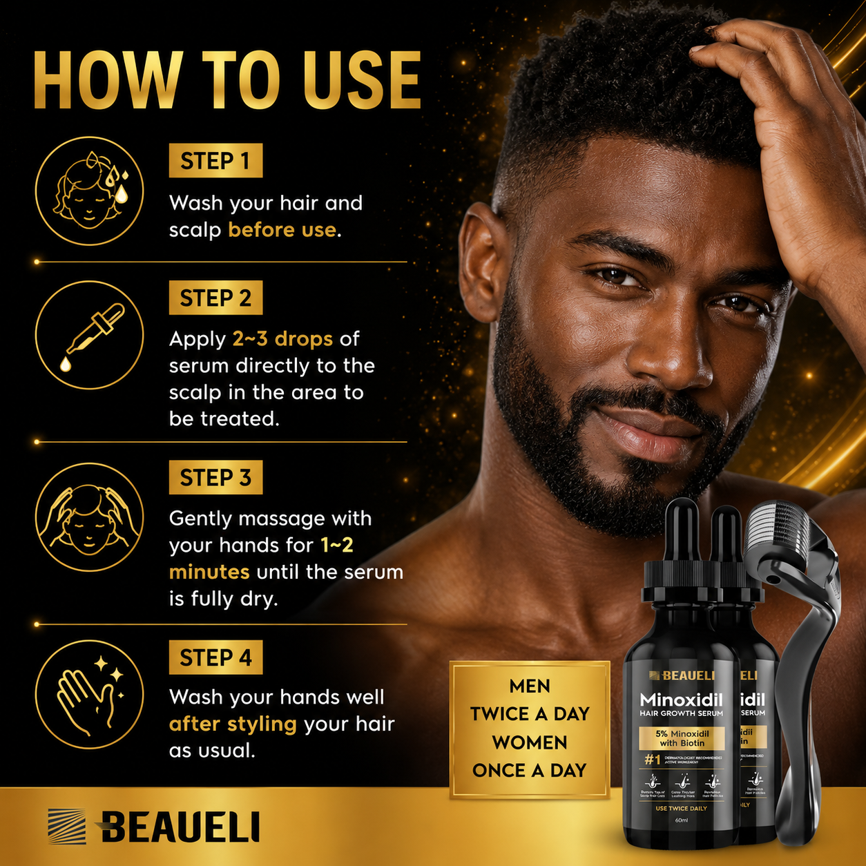 Beaueli 5% Minoxidil Beard Growth Serum – Hair & Beard Regrowth Treatment for Fuller, Thicker Growth