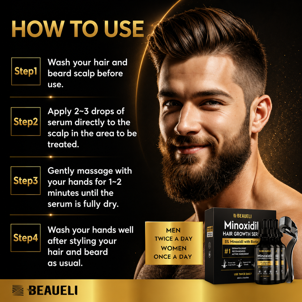 Beaueli 5% Minoxidil Beard Growth Serum – Hair & Beard Regrowth Treatment for Fuller, Thicker Growth