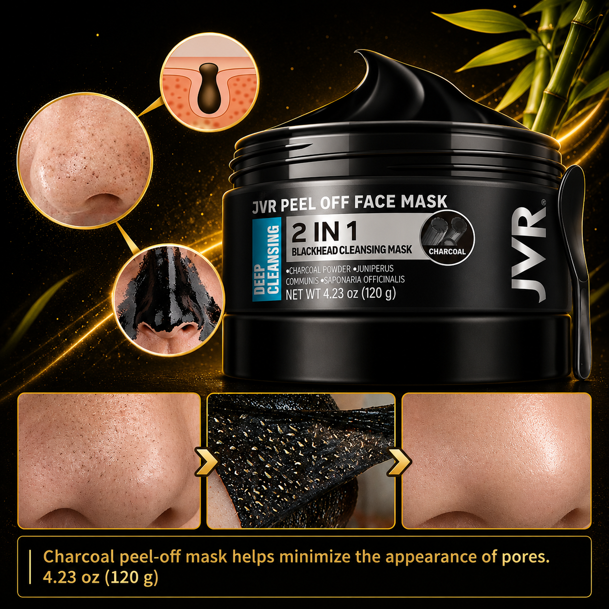 JVR Charcoal Face Mask – Powerful Blackhead Remover & Deep Pore Cleansing Peel-Off Treatment, 4.23 OZ